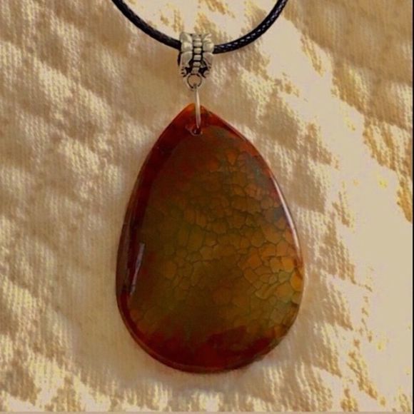 Fire Dragon Agate Teardrop Pendant on Waxed Necklace w/ Lobster Claw Clasp - Picture 5 of 11